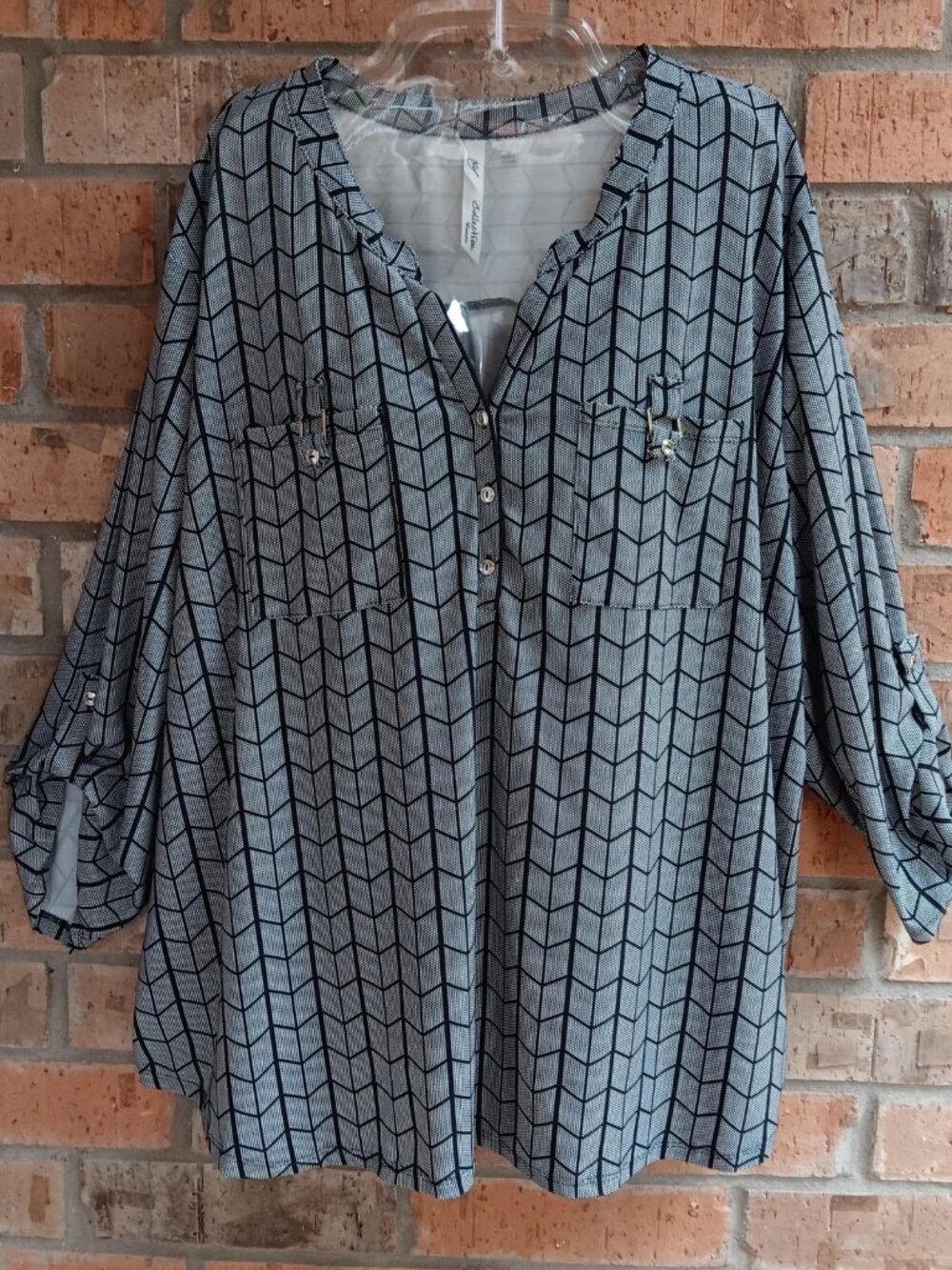 NY Collection Womens Top Blouse Popover 3/4 Sleeves Roll Tab Black White Size 3X